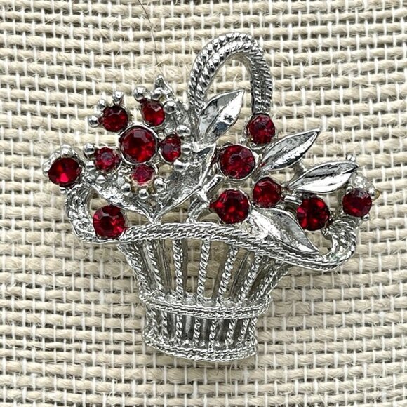 Vintage Silver Floral Basket Pin Brooch with Red Stones - Picture 1 of 6